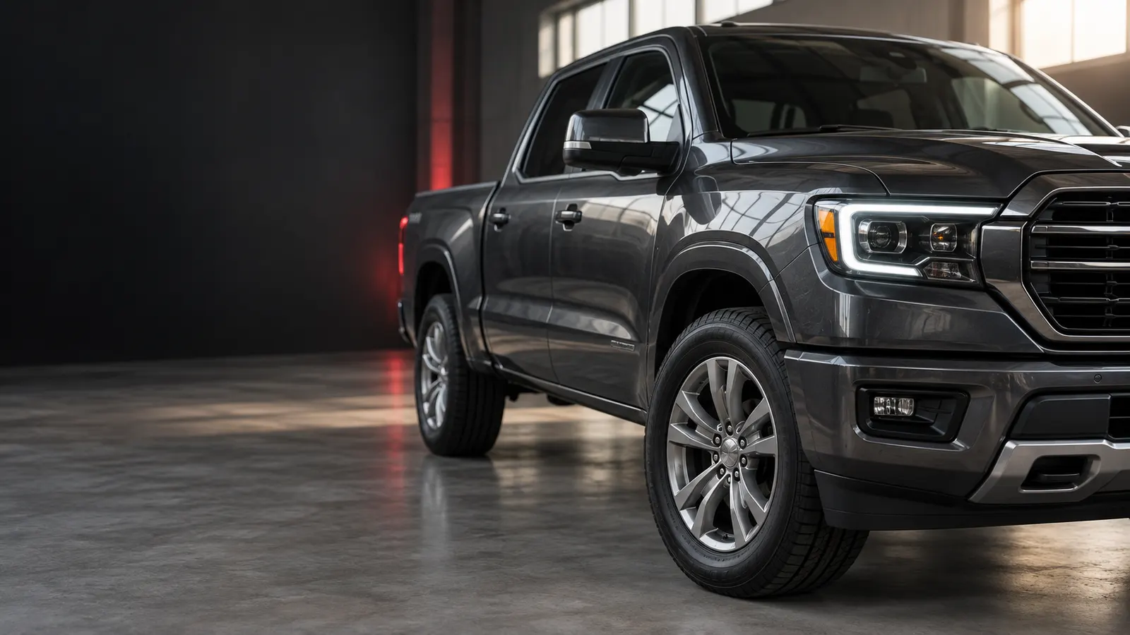 Illustrative graphite pickup truck in a studio